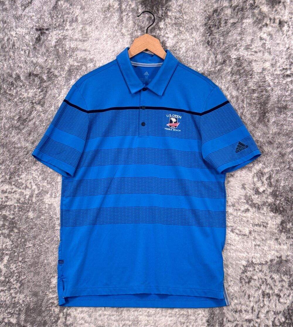 Adidas Polo Shirt Medium Mens US Open Pebble Beach Short Sleeve Striped